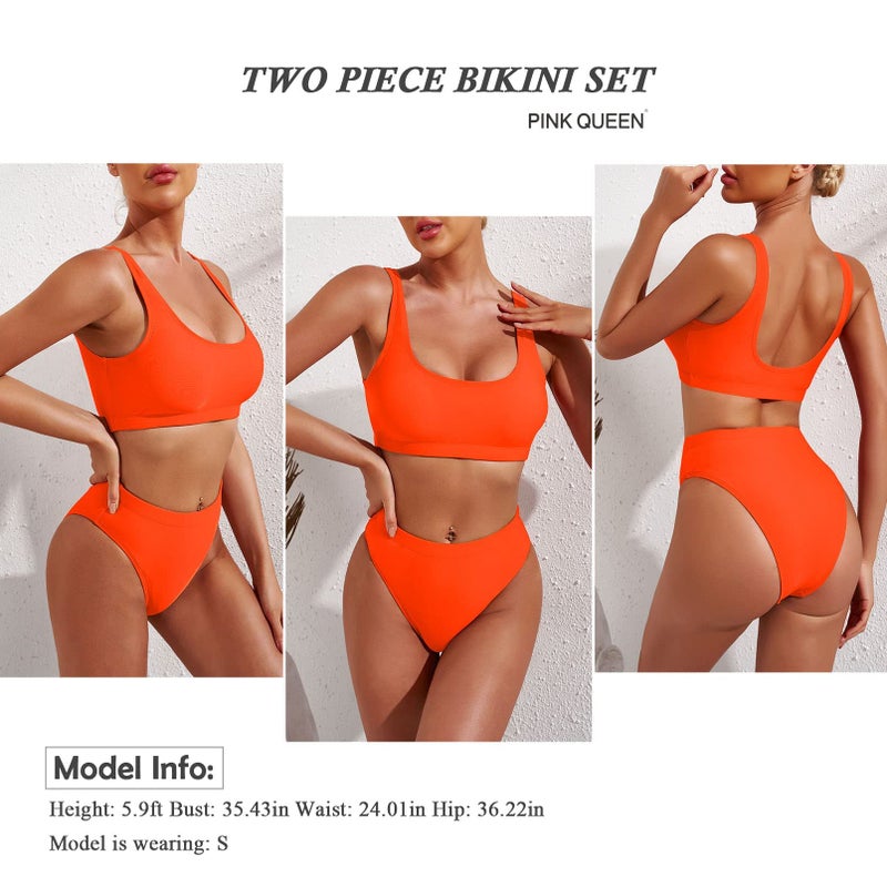 Pink Queen Women's Crop Top High Waisted Cheeky Bikini Set Two Piece Swimsuits (L, Orange) - Image 4